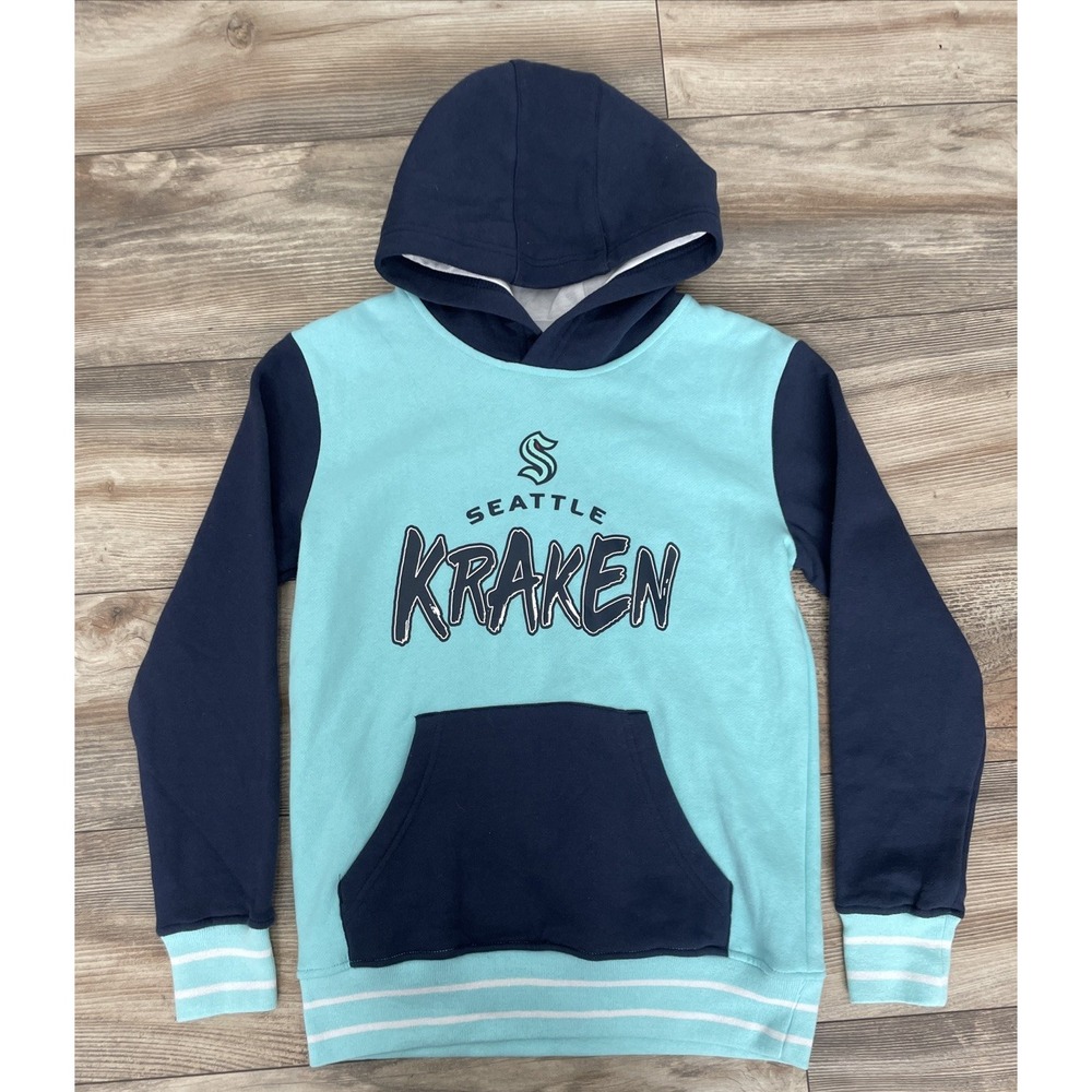 NHL Seattle Kraken Youth Medium Hoodie Face Off Blue Sweatshirt 10/12 Fanatics